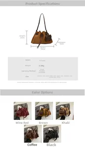 Detail view of large drawstring bucket bag dimensions and specs with mini coin pouch