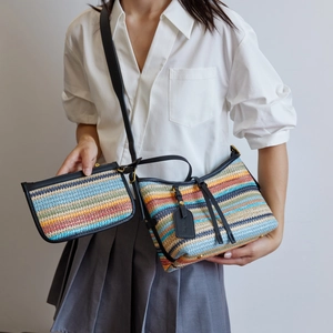 Women Fashion Woven Straw Bucket Bag Casual Colorblock Shoulder Bag Summer Beach Travel Hobo Handbag With Small Pouch