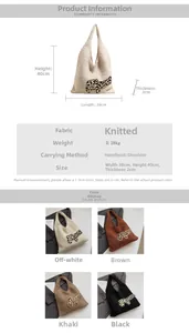Detailed size chart and four color options for the knitted leopard letter M tote bag