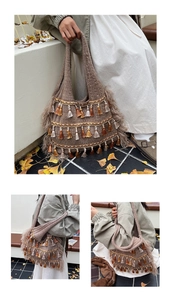 Detail of vintage knit tote bag featuring three-layer gradient tassels and metallic accents