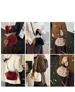 Plush bucket bag in multiple colors with cute bear charm and drawstring detail