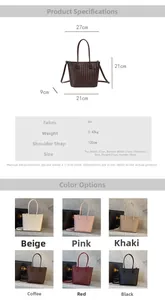 Detailed size chart and multi-color options for woven PU leather tote bag