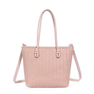 Pink woven leather tote bag with dual handles and adjustable crossbody strap for women