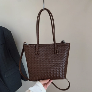 Vintage brown woven leather tote bag with long shoulder strap for women