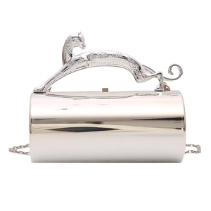 Close-up of a silver cylindrical clutch featuring a detailed panther-shaped metal handle