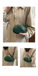 Pebble-shaped dark green PU leather box bag with gold metal clasp and chain strap