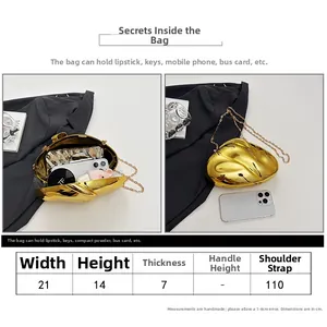 Detailed size chart for the gold acrylic evening clutch with precise dimensions and capacity