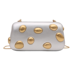 Elegant silver evening clutch bag with 3D gold metal pebble ornaments and gold chain strap