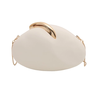 Minimalist white pebble box clutch with golden metal handle and chain strap for women