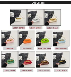 Matrix display of half-moon evening clutch bags in eleven colors with wavy metal handles