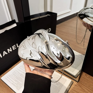 Modern irregular silver mirror acrylic evening bag with a sleek metal chain strap