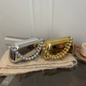 Chic acrylic plating box clutch bag in gold and silver finish with beaded handle chain