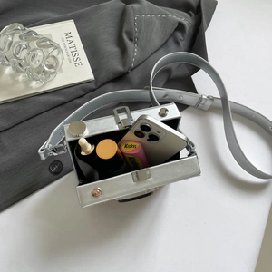 Silver vintage camera-shaped hard shell crossbody box bag for women with metallic finish