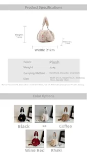 Detailed size specifications and five color variants of the plush rabbit bucket bag