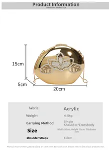 Detailed view of gold acrylic shell evening bag with rhinestone lotus and dimensions info