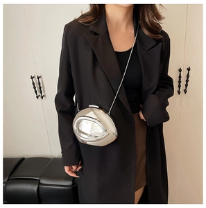 Silver metallic mirror clutch with D-shaped cutout and slim metal chain strap
