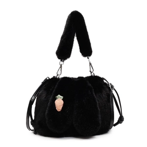 Furry black bucket bag with plush faux fur texture and a carrot embroidery patch