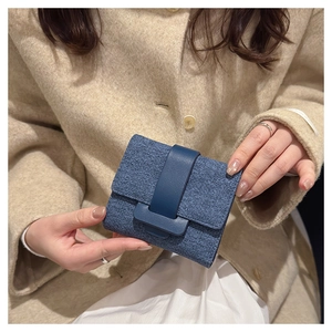 Blue twill fabric flip-cover short wallet with matching leather buckle accent