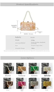 Detailed chart showing acrylic wave pattern dinner bag specs and 8 color options