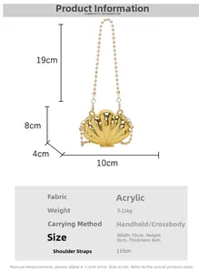 Size chart for mini acrylic shell bag showing dimensions and crossbody chain strap details