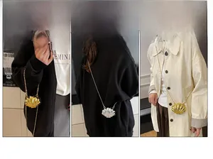 Detail showing multiple ways to wear the shell-shaped mini chain bag in gold and silver