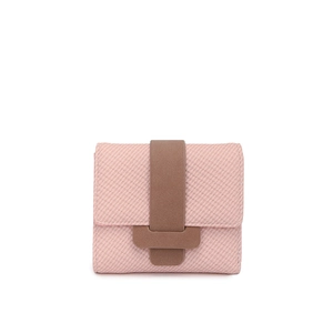 Detailed view of pink mini wallet featuring pebbled leather texture and brown strap closure
