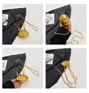 Detailed views of a gold shell-shaped mini clutch with a polished metallic mirror finish