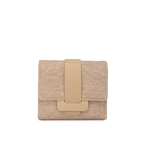 Minimalist tri-fold flap wallet in brown and white diagonal woven fabric for women