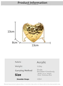 Detail view of heart-shaped acrylic evening bag showing 13x13x8cm dimensions and metallic finish