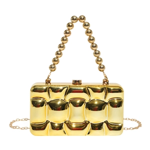 Chic gold wavy texture acrylic evening clutch with beaded handle and chain strap