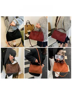 Collage of model wearing large suede diamond quilted tote in various outdoor settings