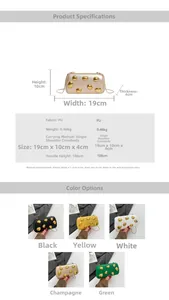Size chart showing PU chain bag dimensions 19x10x4cm and five available color options