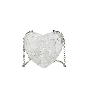 Transparent heart-shaped acrylic evening bag with ice texture and silver chain strap