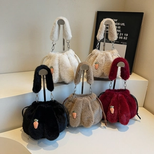 Faux Fur Plush Bucket Bag With Rabbit Ears And Carrot Decor Drawstring Crossbody Handbag For Women Girls Winter