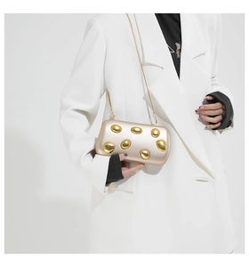Champagne gold evening clutch with artistic gold metal accents and chain strap