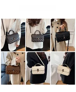 Quilted flap handbag in four colors showing various carrying styles and outfits