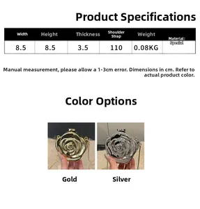 Detailed size chart for the flower-shaped acrylic mini evening bag with gold and silver options