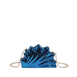 Metallic blue shell clutch bag with gold chain strap for luxury evening party wear