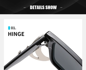 Détail de la charnière en métal avec croissant argenté sur lunettes de soleil noires