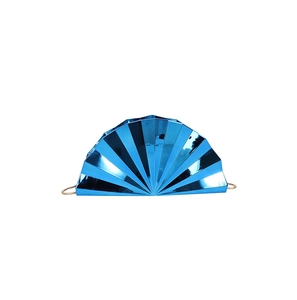 Detailed macro view of the dark blue fan-shaped evening clutch with pleated mirror finish