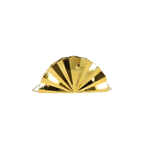 Golden fan-shaped evening clutch bag with metallic mirror finish and elegant chain strap