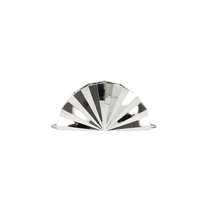 Detailed view of silver fan-shaped evening clutch bag with metallic pleated texture
