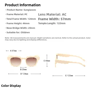 Detailed size guide for wavy children sunglasses showing PC frame and AC lens dimensions