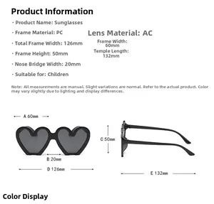 Detailed size guide for heart-shaped kids' sunglasses with frame and lens measurements