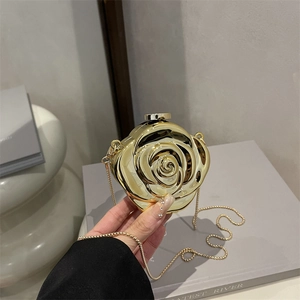 Rose Flower Evening Clutch Bag Metal Hard Shell 3D Floral Mini Shoulder Crossbody Handbag For Women Party Wedding