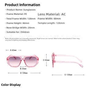Detailed size chart for children's fashion sunglasses featuring pink PC frame and AC lenses