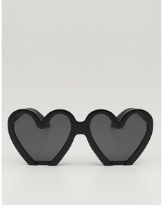 Front view of black heart-shaped kids sunglasses with integrated resin frame and dark lenses