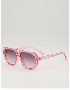 Detail of pink glitter geometric kids sunglasses with purple gradient lenses