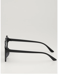 Detailed side profile of black heart sunglasses with scalloped frame and matte finish