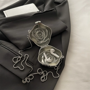 Chic silver 3D rose flower metal evening bag and wireless earphone case with long chain